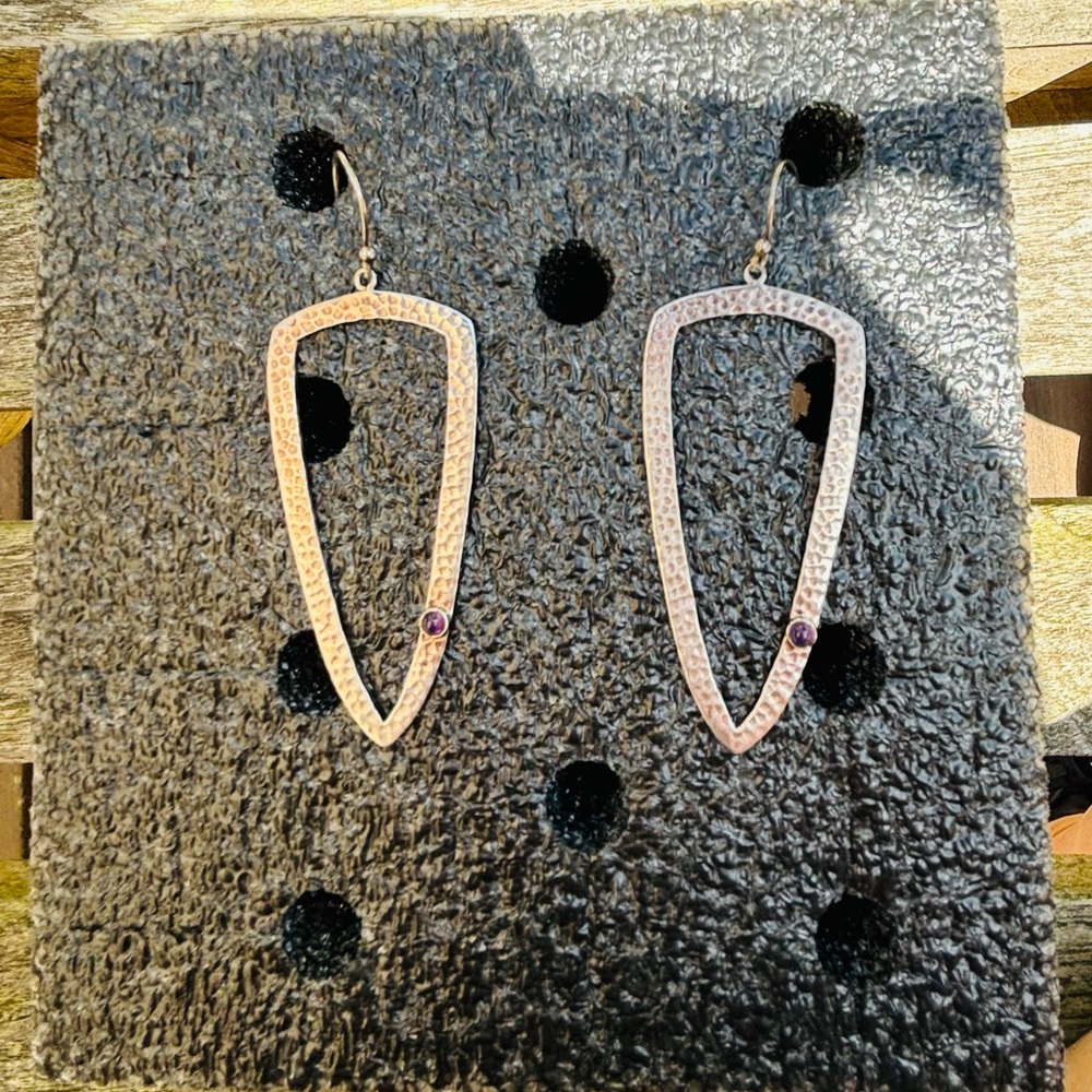 Sterling Hammered Amethyst Statement Drop Earrings. Arrow shape, lightweight
